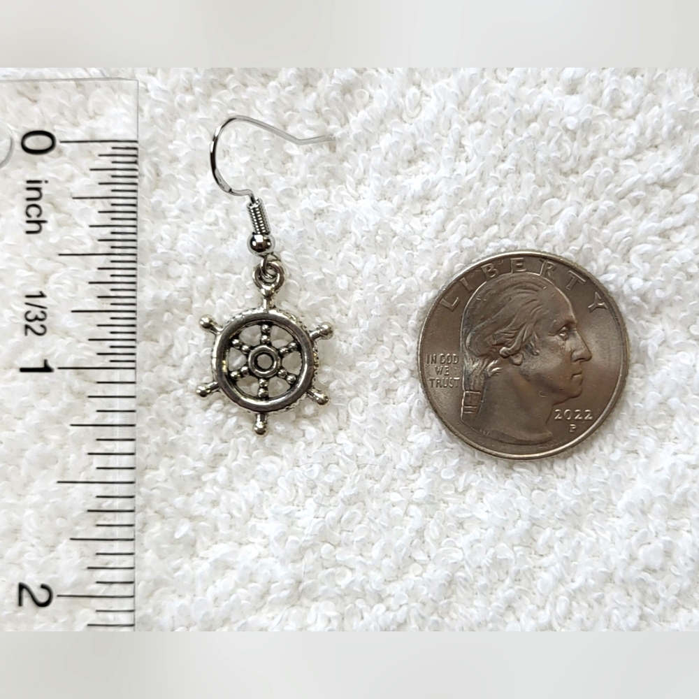 Nautical Silver Ship Wheel Statement Dangle Earrings / Pierced - Picture 5 of 5